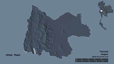 Tayland 'ın Uthai Thani eyaleti, başkenti sağlam bir zemin üzerinde izole edilmiştir. Uzaklık ölçeği, bölge önizlemesi ve etiketleri. Renkli yükseklik haritası. 3B görüntüleme