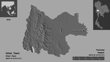 Uthai Thani 'nin şekli, Tayland eyaleti ve başkenti. Uzaklık ölçeği, ön gösterimler ve etiketler. Çift seviyeli yükseklik haritası. 3B görüntüleme