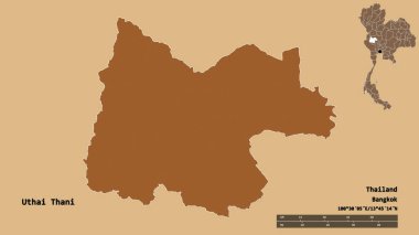 Tayland 'ın Uthai Thani eyaleti, başkenti sağlam bir zemin üzerinde izole edilmiştir. Uzaklık ölçeği, bölge önizlemesi ve etiketleri. Desenli dokuların bileşimi. 3B görüntüleme