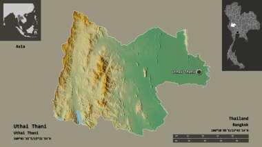 Uthai Thani 'nin şekli, Tayland eyaleti ve başkenti. Uzaklık ölçeği, ön gösterimler ve etiketler. Topografik yardım haritası. 3B görüntüleme