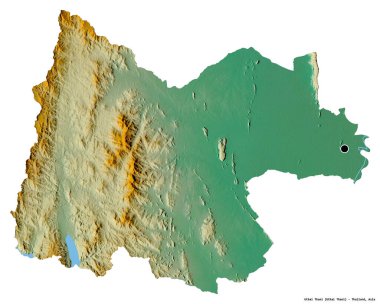 Tayland 'ın başkenti Uthai Thani' nin beyaz arka planda izole edilmiş hali. Topografik yardım haritası. 3B görüntüleme