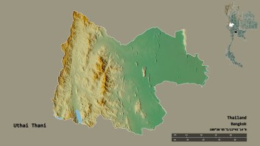 Tayland 'ın Uthai Thani eyaleti, başkenti sağlam bir zemin üzerinde izole edilmiştir. Uzaklık ölçeği, bölge önizlemesi ve etiketleri. Topografik yardım haritası. 3B görüntüleme