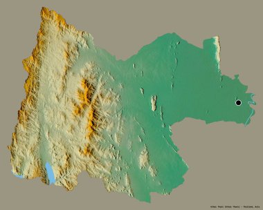Tayland 'ın başkenti Uthai Thani' nin katı renk arkaplanı ile izole edilmiş hali. Topografik yardım haritası. 3B görüntüleme