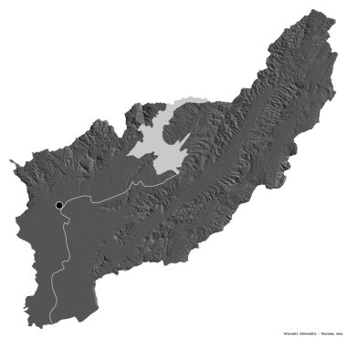 Tayland 'ın Uttaradit eyaleti, başkenti beyaz arka planda izole edilmiştir. Çift seviyeli yükseklik haritası. 3B görüntüleme