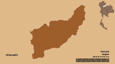Tayland 'ın Uttaradit eyaleti, başkenti sağlam bir zemin üzerinde izole edilmiştir. Uzaklık ölçeği, bölge önizlemesi ve etiketleri. Desenli dokuların bileşimi. 3B görüntüleme