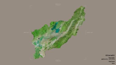 Tayland 'ın Uttaradit bölgesi, katı bir arka planda izole edilmiş bir sınır kutusunda. Etiketler. Uydu görüntüleri. 3B görüntüleme