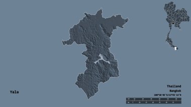 Tayland 'ın Yala eyaleti, başkenti sağlam bir zemin üzerinde izole edilmiştir. Uzaklık ölçeği, bölge önizlemesi ve etiketleri. Renkli yükseklik haritası. 3B görüntüleme