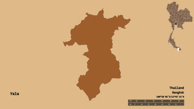 Tayland 'ın Yala eyaleti, başkenti sağlam bir zemin üzerinde izole edilmiştir. Uzaklık ölçeği, bölge önizlemesi ve etiketleri. Desenli dokuların bileşimi. 3B görüntüleme