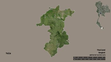 Tayland 'ın Yala eyaleti, başkenti sağlam bir zemin üzerinde izole edilmiştir. Uzaklık ölçeği, bölge önizlemesi ve etiketleri. Uydu görüntüleri. 3B görüntüleme