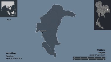 Yasothon, Tayland eyaleti ve başkenti. Uzaklık ölçeği, ön gösterimler ve etiketler. Renkli yükseklik haritası. 3B görüntüleme