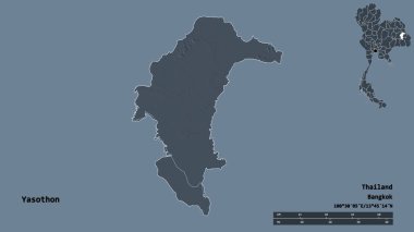 Yasothon, Tayland eyaleti, başkenti sağlam arka planda izole edilmiş. Uzaklık ölçeği, bölge önizlemesi ve etiketleri. Renkli yükseklik haritası. 3B görüntüleme