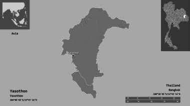 Yasothon, Tayland eyaleti ve başkenti. Uzaklık ölçeği, ön gösterimler ve etiketler. Çift seviyeli yükseklik haritası. 3B görüntüleme