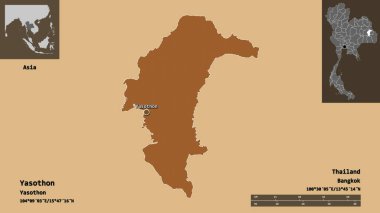 Yasothon, Tayland eyaleti ve başkenti. Uzaklık ölçeği, ön gösterimler ve etiketler. Desenli dokuların bileşimi. 3B görüntüleme