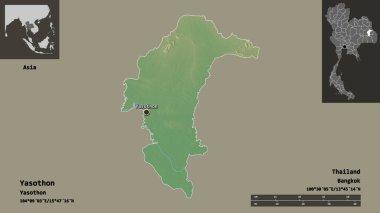 Yasothon, Tayland eyaleti ve başkenti. Uzaklık ölçeği, ön gösterimler ve etiketler. Topografik yardım haritası. 3B görüntüleme