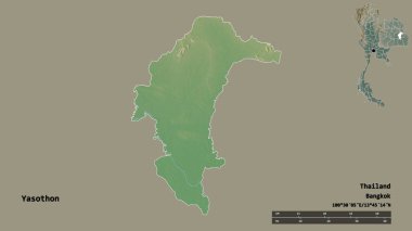 Yasothon, Tayland eyaleti, başkenti sağlam arka planda izole edilmiş. Uzaklık ölçeği, bölge önizlemesi ve etiketleri. Topografik yardım haritası. 3B görüntüleme