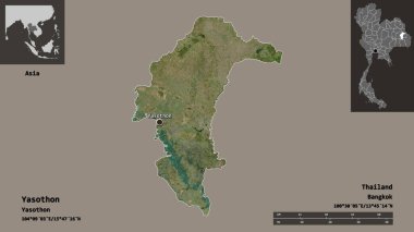 Yasothon, Tayland eyaleti ve başkenti. Uzaklık ölçeği, ön gösterimler ve etiketler. Uydu görüntüleri. 3B görüntüleme