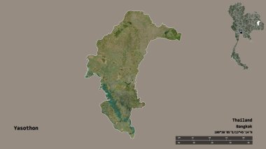 Yasothon, Tayland eyaleti, başkenti sağlam arka planda izole edilmiş. Uzaklık ölçeği, bölge önizlemesi ve etiketleri. Uydu görüntüleri. 3B görüntüleme