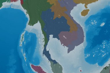 Tayland 'ın genişletilmiş bölgesi. Renkli yükseklik haritası. 3B görüntüleme