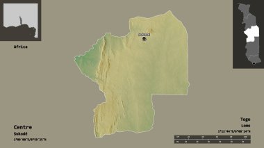 Merkez, Togo bölgesi ve başkenti şeklindedir. Uzaklık ölçeği, ön gösterimler ve etiketler. Topografik yardım haritası. 3B görüntüleme