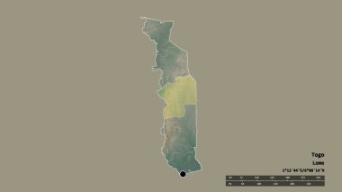 Başkenti, ana bölgesel bölümü ve bölünmüş Merkez bölgesiyle birlikte Togo 'nun dejenere edilmiş şekli. Etiketler. Topografik yardım haritası. 3B görüntüleme