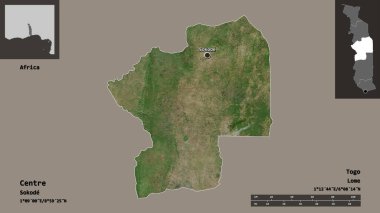 Merkez, Togo bölgesi ve başkenti şeklindedir. Uzaklık ölçeği, ön gösterimler ve etiketler. Uydu görüntüleri. 3B görüntüleme