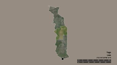 Başkenti, ana bölgesel bölümü ve bölünmüş Merkez bölgesiyle birlikte Togo 'nun dejenere edilmiş şekli. Etiketler. Uydu görüntüleri. 3B görüntüleme