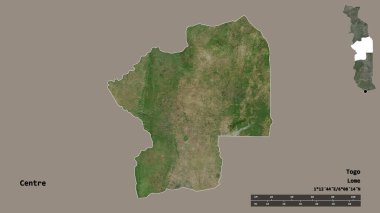 Merkez 'in şekli, Togo bölgesi, sermayesi sağlam arka planda izole edilmiş. Uzaklık ölçeği, bölge önizlemesi ve etiketleri. Uydu görüntüleri. 3B görüntüleme