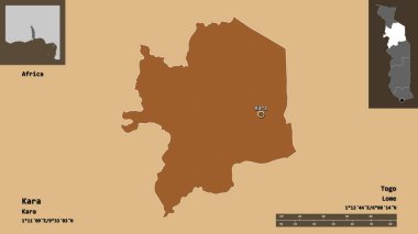 Kara 'nın şekli, Togo bölgesi ve başkenti. Uzaklık ölçeği, ön gösterimler ve etiketler. Desenli dokuların bileşimi. 3B görüntüleme