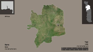 Kara 'nın şekli, Togo bölgesi ve başkenti. Uzaklık ölçeği, ön gösterimler ve etiketler. Uydu görüntüleri. 3B görüntüleme