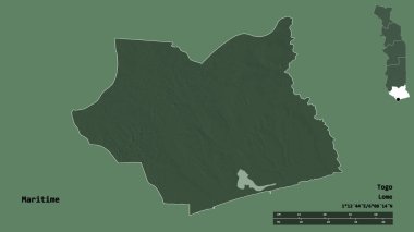 Togo bölgesinin Denizcilik şekli, başkenti sağlam bir zemin üzerinde izole edilmiş. Uzaklık ölçeği, bölge önizlemesi ve etiketleri. Renkli yükseklik haritası. 3B görüntüleme