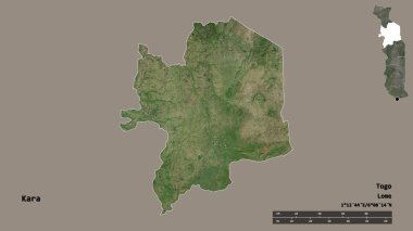 Kara 'nın şekli, Togo bölgesi, sermayesi sağlam arka planda izole edilmiş. Uzaklık ölçeği, bölge önizlemesi ve etiketleri. Uydu görüntüleri. 3B görüntüleme