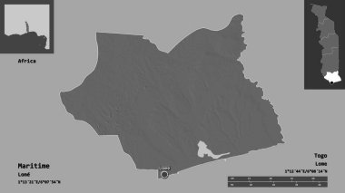 Denizcilik şekli, Togo bölgesi ve başkenti. Uzaklık ölçeği, ön gösterimler ve etiketler. Çift seviyeli yükseklik haritası. 3B görüntüleme