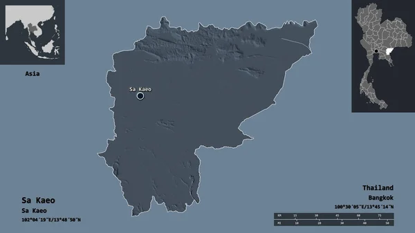 タイ王国のサカイオ州とその首都の形 距離スケール プレビューおよびラベル 色の標高マップ 3Dレンダリング — ストック写真