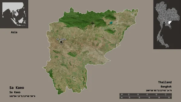 タイ王国のサカイオ州とその首都の形 距離スケール プレビューおよびラベル 衛星画像 3Dレンダリング — ストック写真