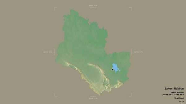 タイの省であるサコン ナコーンの地域は 洗練された境界の箱の中にしっかりとした背景に隔離されています ラベル 地形図 3Dレンダリング — ストック写真