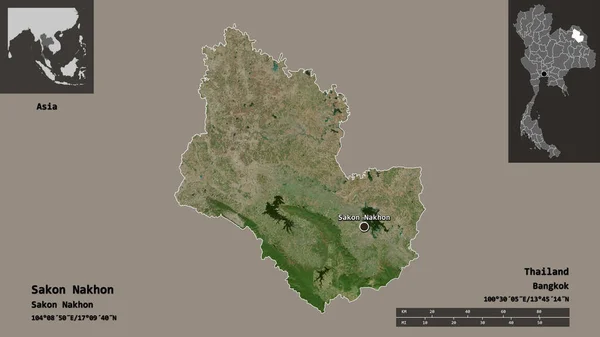 泰国Sakon Nakhon的形状及其首都 距离刻度 预览和标签 卫星图像 3D渲染 — 图库照片