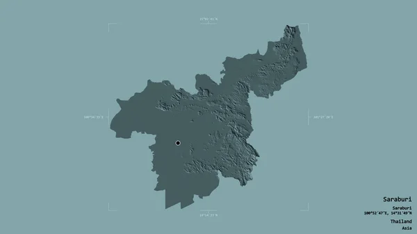 タイのサラブリ県の地域は 洗練された境界の箱の中にしっかりとした背景に隔離されています ラベル 色の標高マップ 3Dレンダリング — ストック写真
