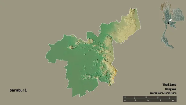 泰国萨拉布里省的形状 其首都在坚实的背景下与世隔绝 距离尺度 区域预览和标签 地形浮雕图 3D渲染 — 图库照片