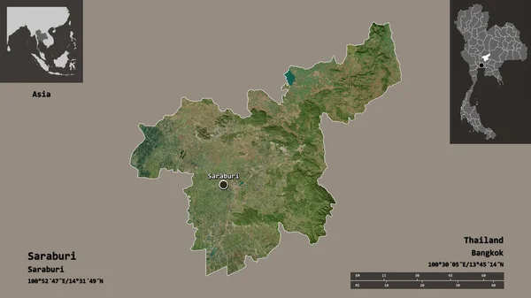 タイ国のサラブリ県とその首都の形 距離スケール プレビューおよびラベル 衛星画像 3Dレンダリング — ストック写真