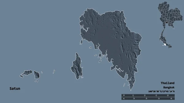 泰国萨顿的形状 其首都在坚实的背景下与世隔绝 距离尺度 区域预览和标签 彩色高程图 3D渲染 — 图库照片