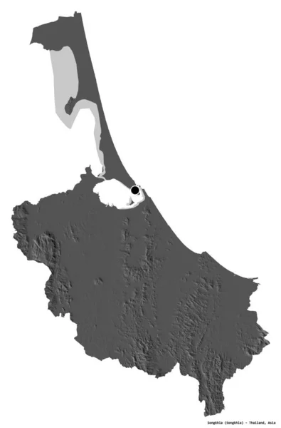 タイの省であるSongkhlaの形で その首都は白い背景に孤立しています 標高マップ 3Dレンダリング — ストック写真