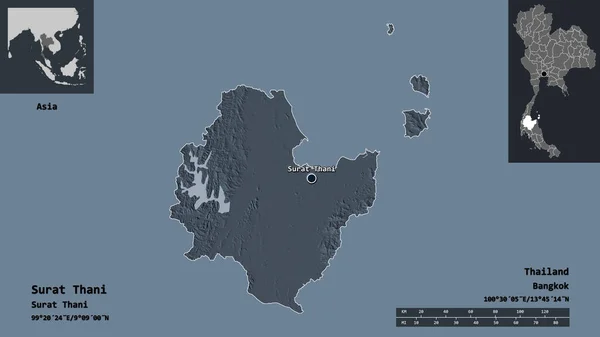 タイ王国の首都スラット タニー県の形 距離スケール プレビューおよびラベル 色の標高マップ 3Dレンダリング — ストック写真