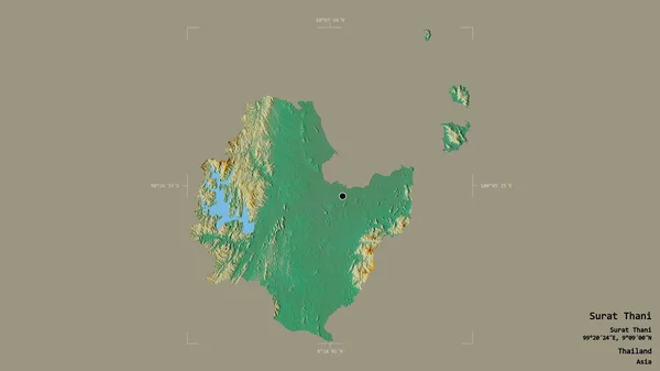 泰国苏拉特阿勒萨尼地区 在一个地理参考方块中 背景坚实 与世隔绝 地形浮雕图 3D渲染 — 图库照片