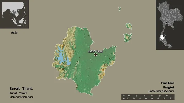 タイ王国の首都スラット タニー県の形 距離スケール プレビューおよびラベル 地形図 3Dレンダリング — ストック写真