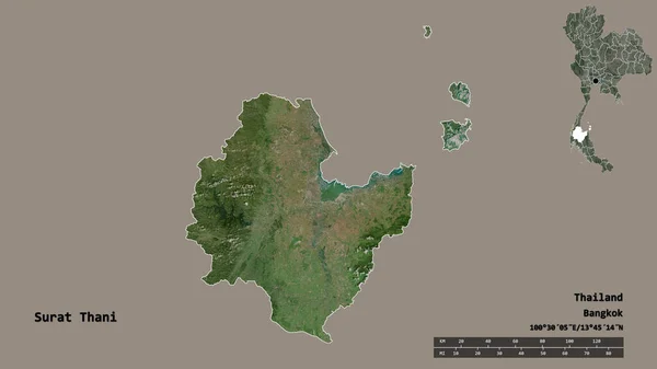 泰国苏拉特 萨尼形状 其首都背景坚实 与世隔绝 距离尺度 区域预览和标签 卫星图像 3D渲染 — 图库照片