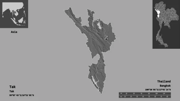 泰国德省的形状及其首都 距离刻度 预览和标签 Bilevel高程图 3D渲染 — 图库照片