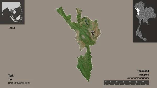 泰国德省的形状及其首都 距离刻度 预览和标签 卫星图像 3D渲染 — 图库照片