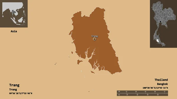 Shape Trang Provinz Von Thailand Und Seine Hauptstadt Entfernungsskala Vorschau — Stockfoto