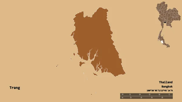 泰国的Trang形状 其首都在坚实的背景下与世隔绝 距离尺度 区域预览和标签 图形纹理的组成 3D渲染 — 图库照片