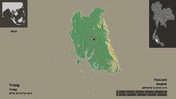 Form Trang Provinsen Thailand Och Dess Huvudstad Avståndsskala Förhandsvisningar Och — Stockfoto